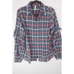 Lori + Mari Flannel Button Up Shirt Sz Large Blue Red‎ Plaid Layered Sleeve Tie